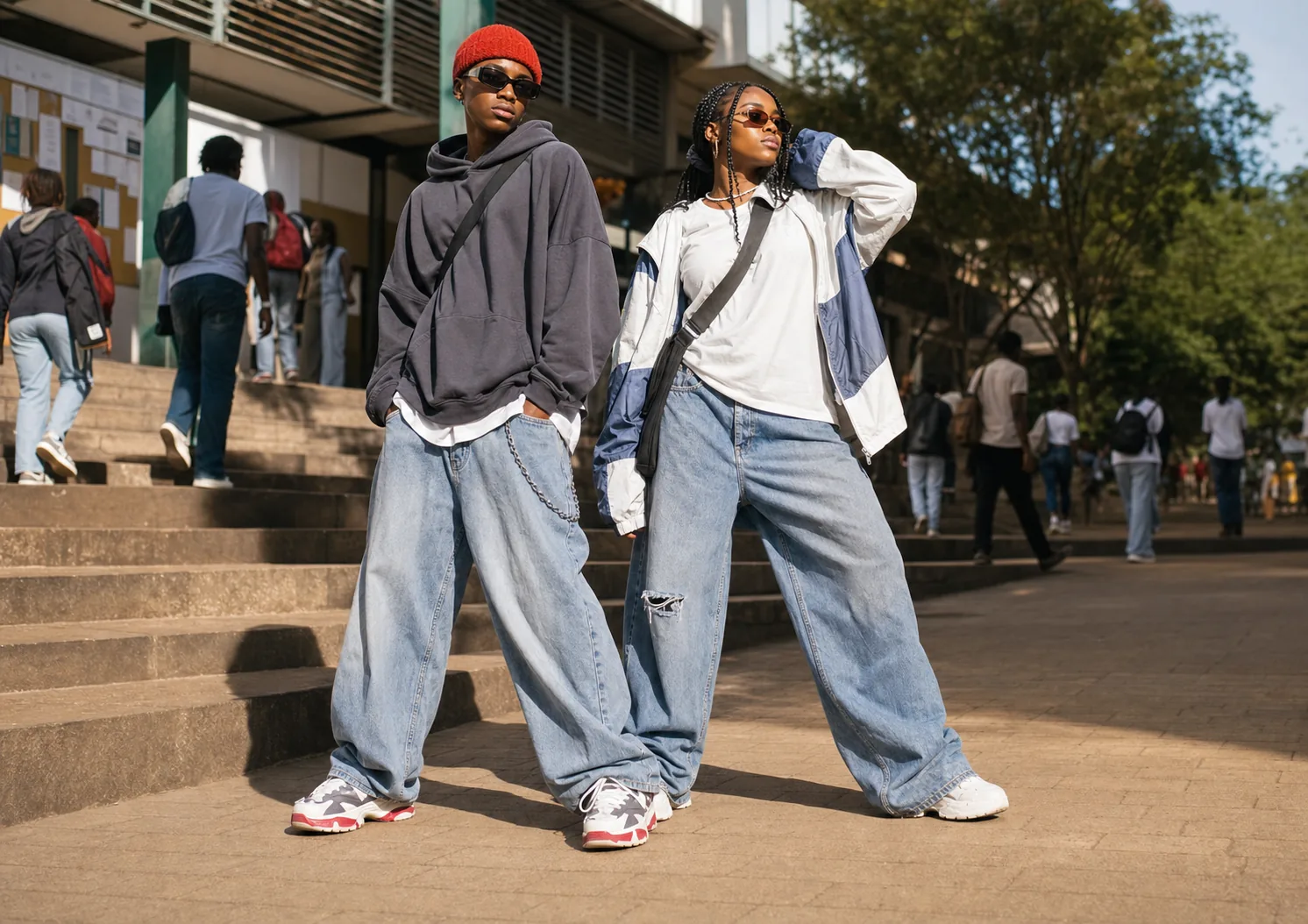 Person wearing oversized streetwear on a sunny day