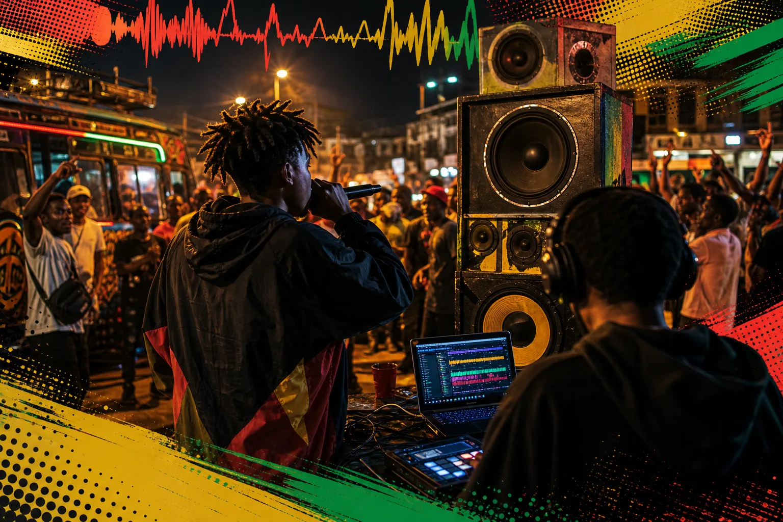 A vibrant street scene with people dancing