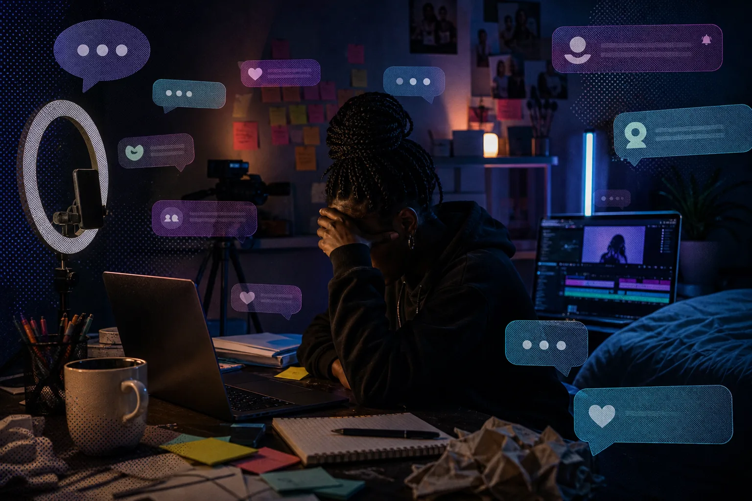 Person looking exhausted in front of a laptop screen in a dark room