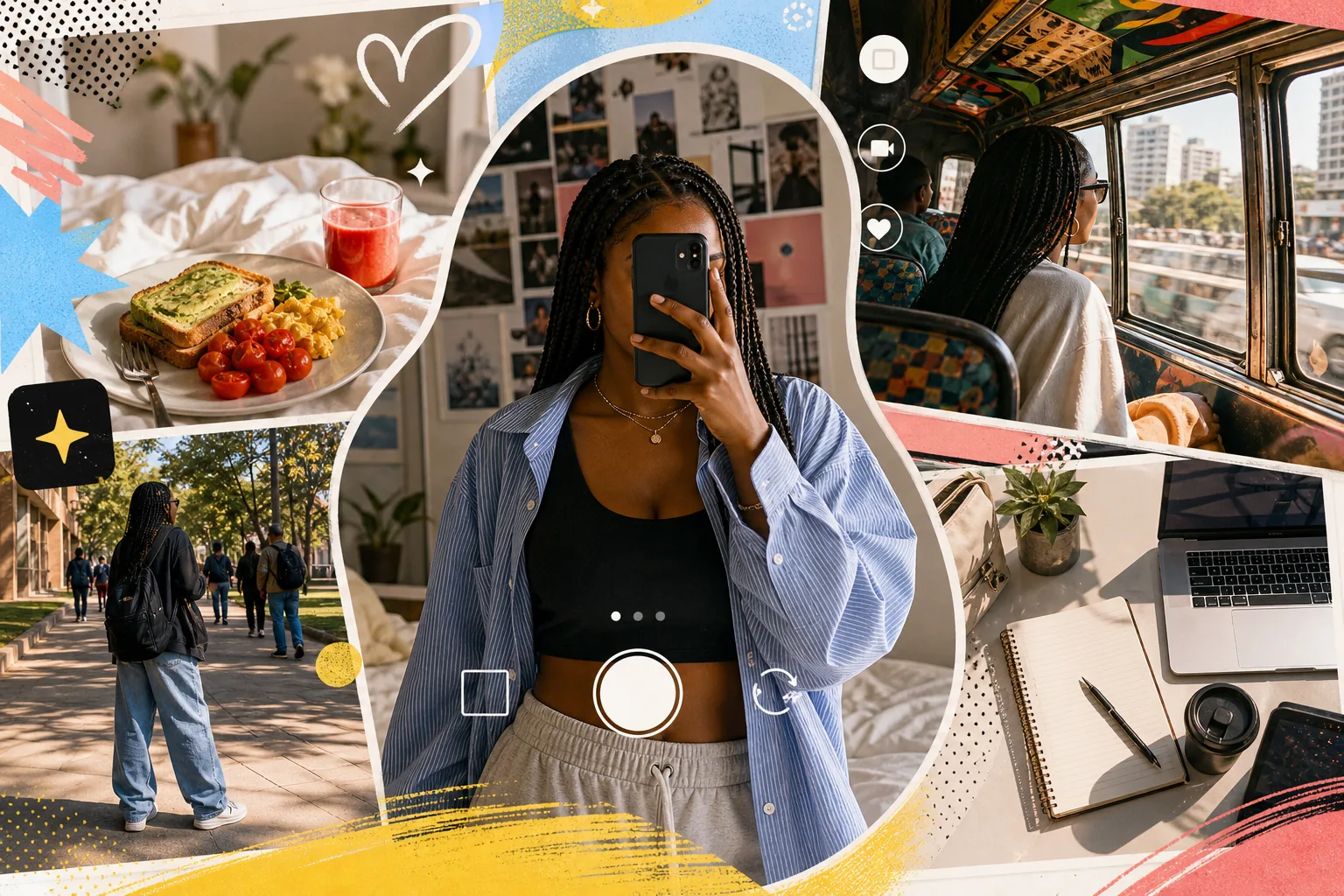 Person holding a camera recording a vlog in a cafe