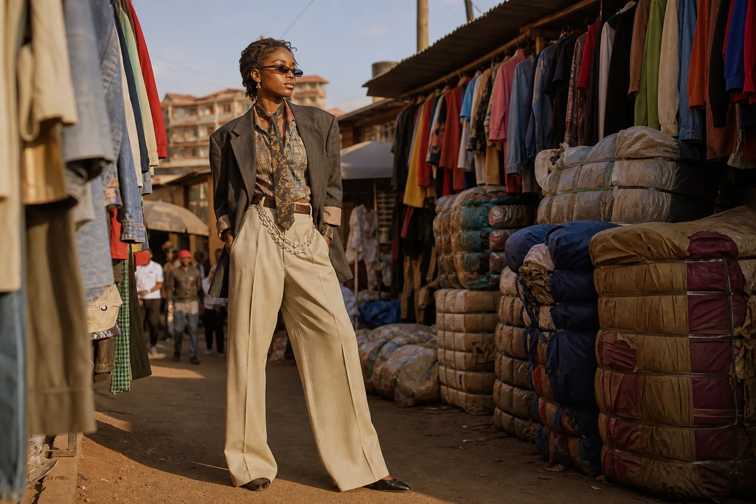 High-fashion editorial portrait in a Nairobi secondhand clothing market
