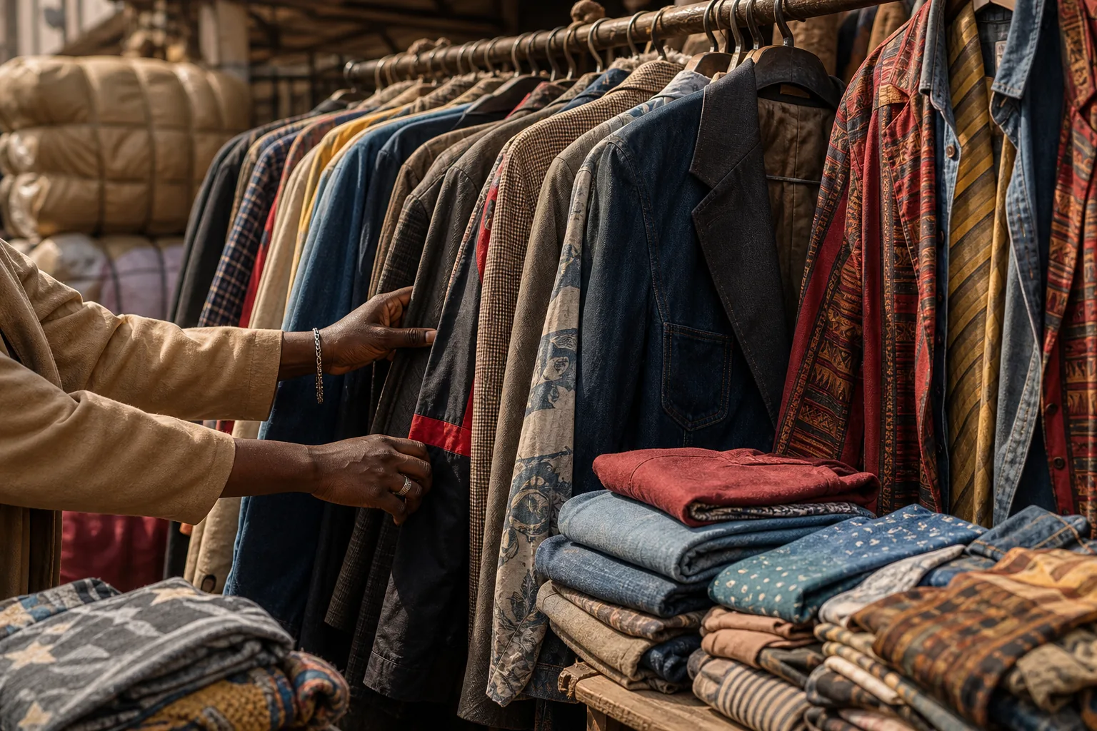 Curated secondhand clothing textures and vintage jackets in a Nairobi market stall