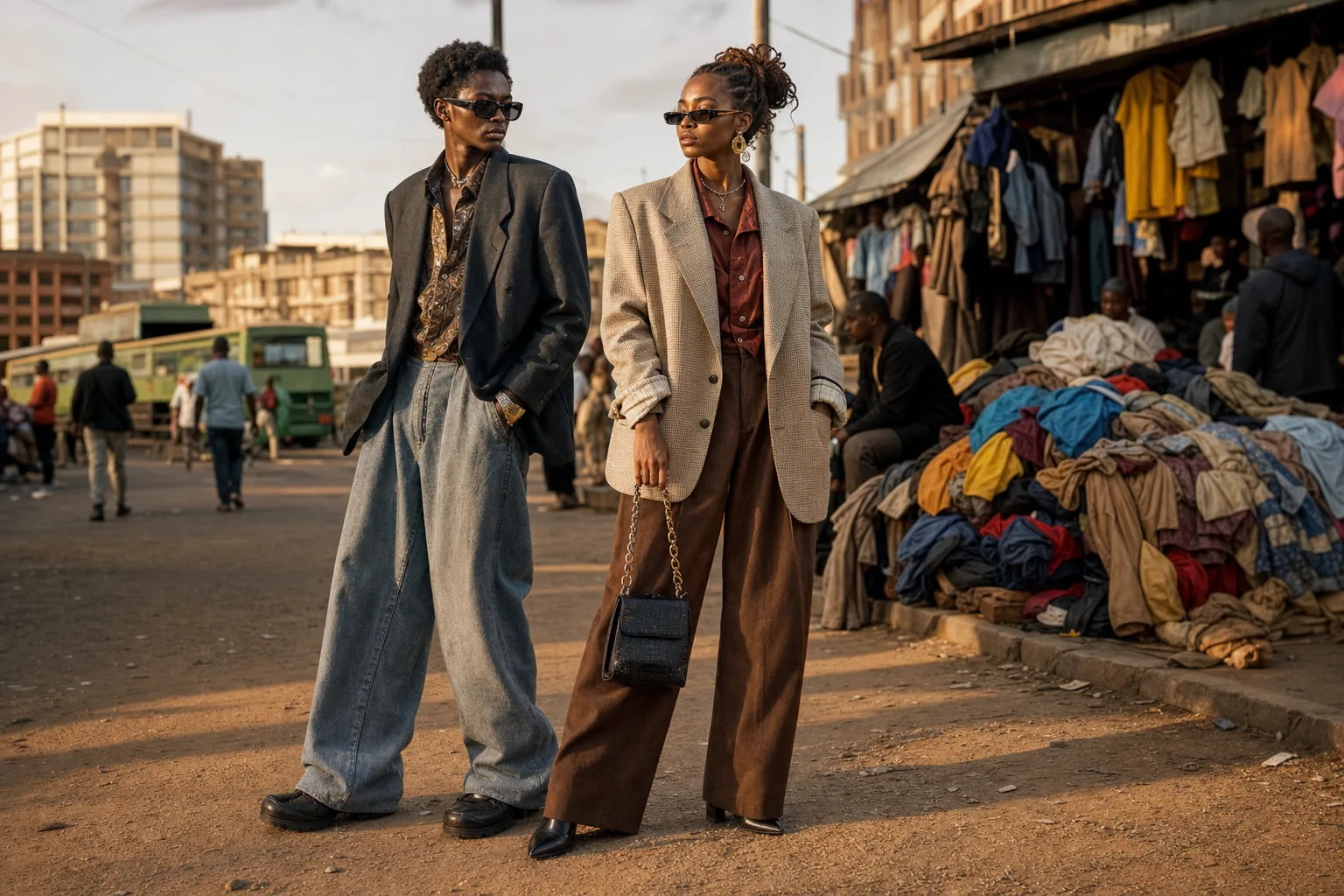 Two stylish young Kenyans wearing elevated thrifted street-style outfits near a secondhand market