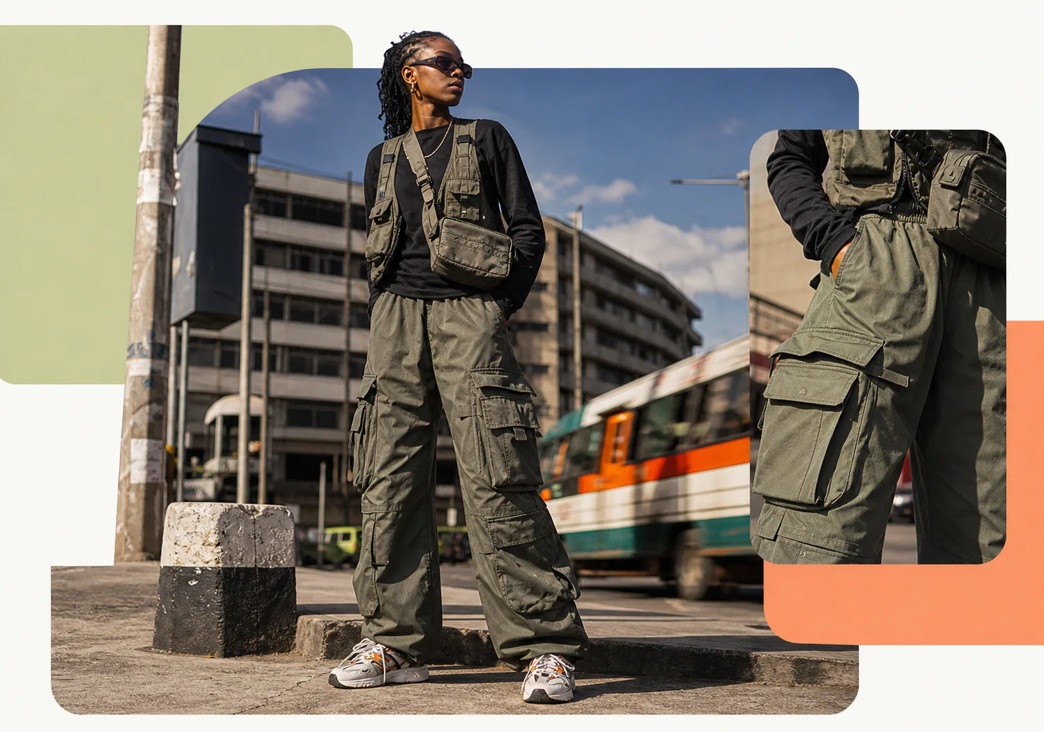 Person wearing utility street fashion with multiple pockets