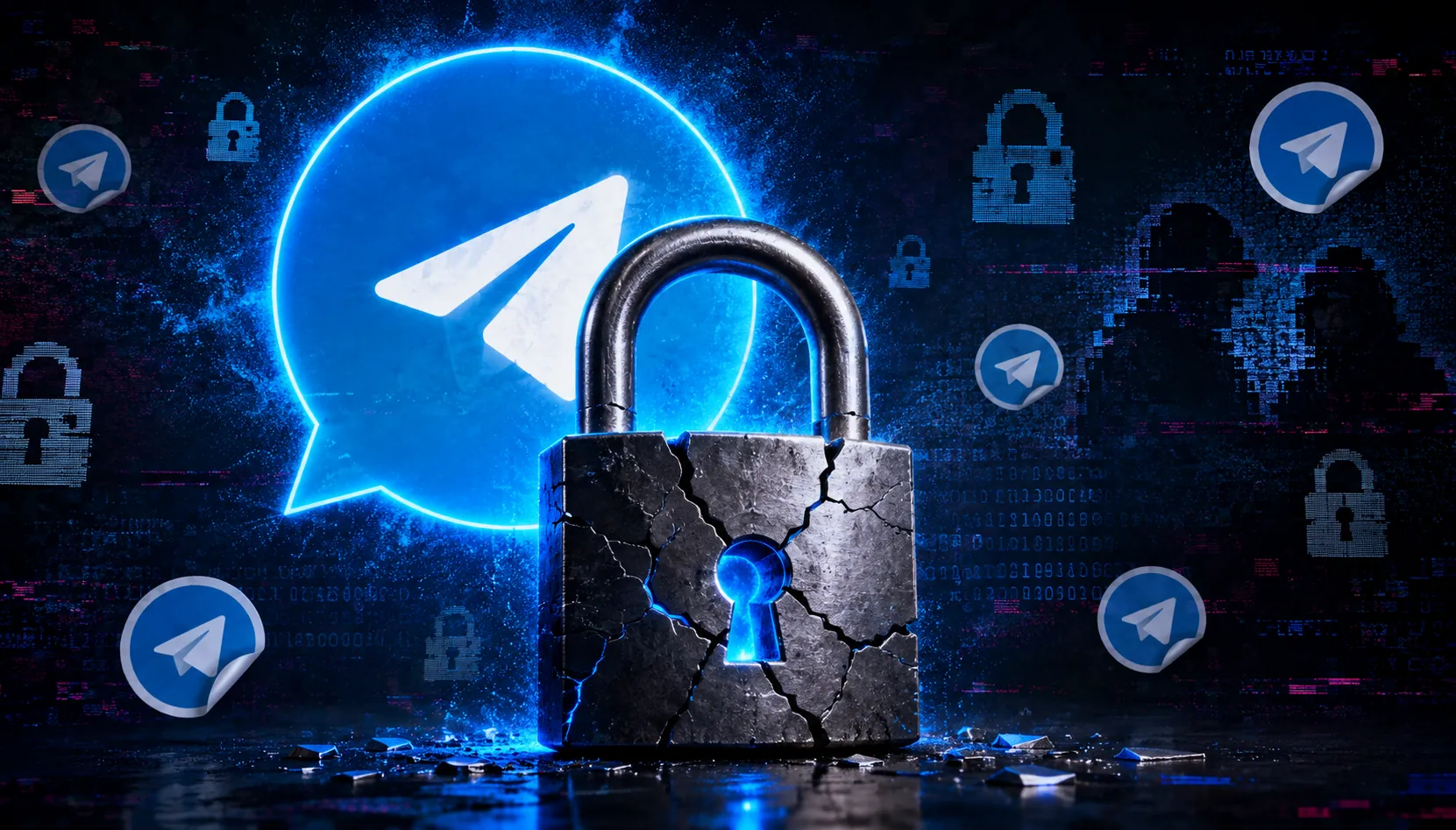 A lock icon overlaid on digital static