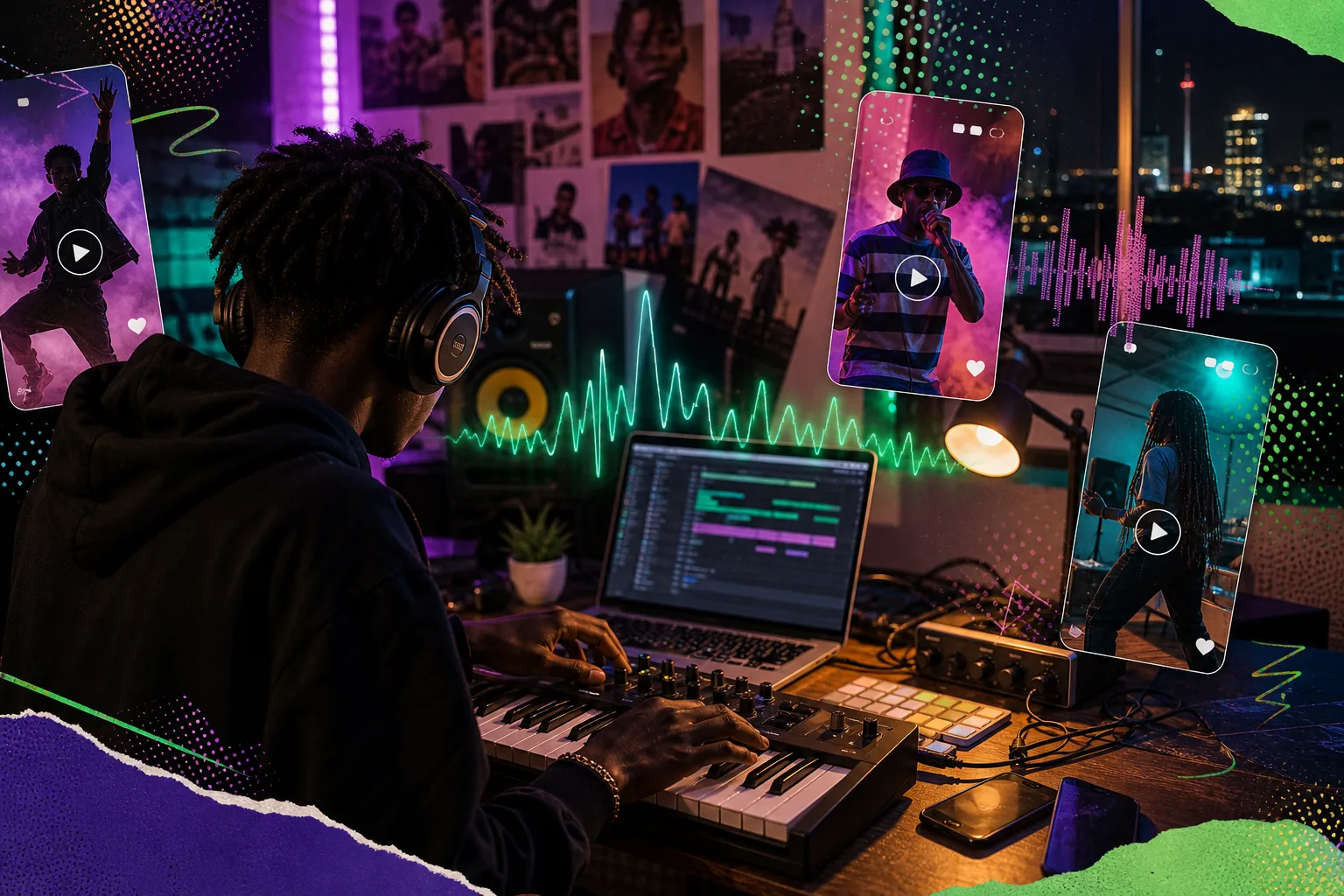 Young producer working on a laptop with headphones in a dimly lit room
